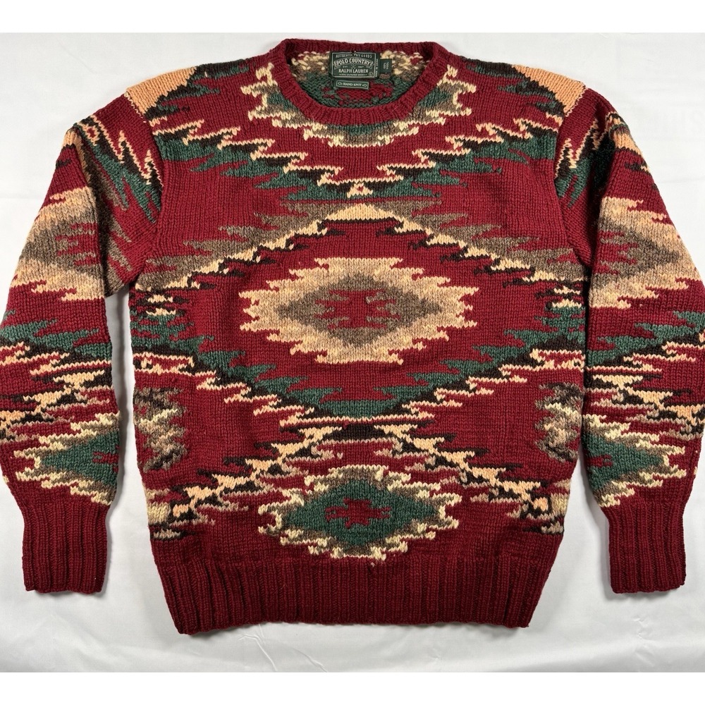Vtg Polo Country Ralph Lauren Hand Knit 100% Wool Aztec Sweater Mens L Red